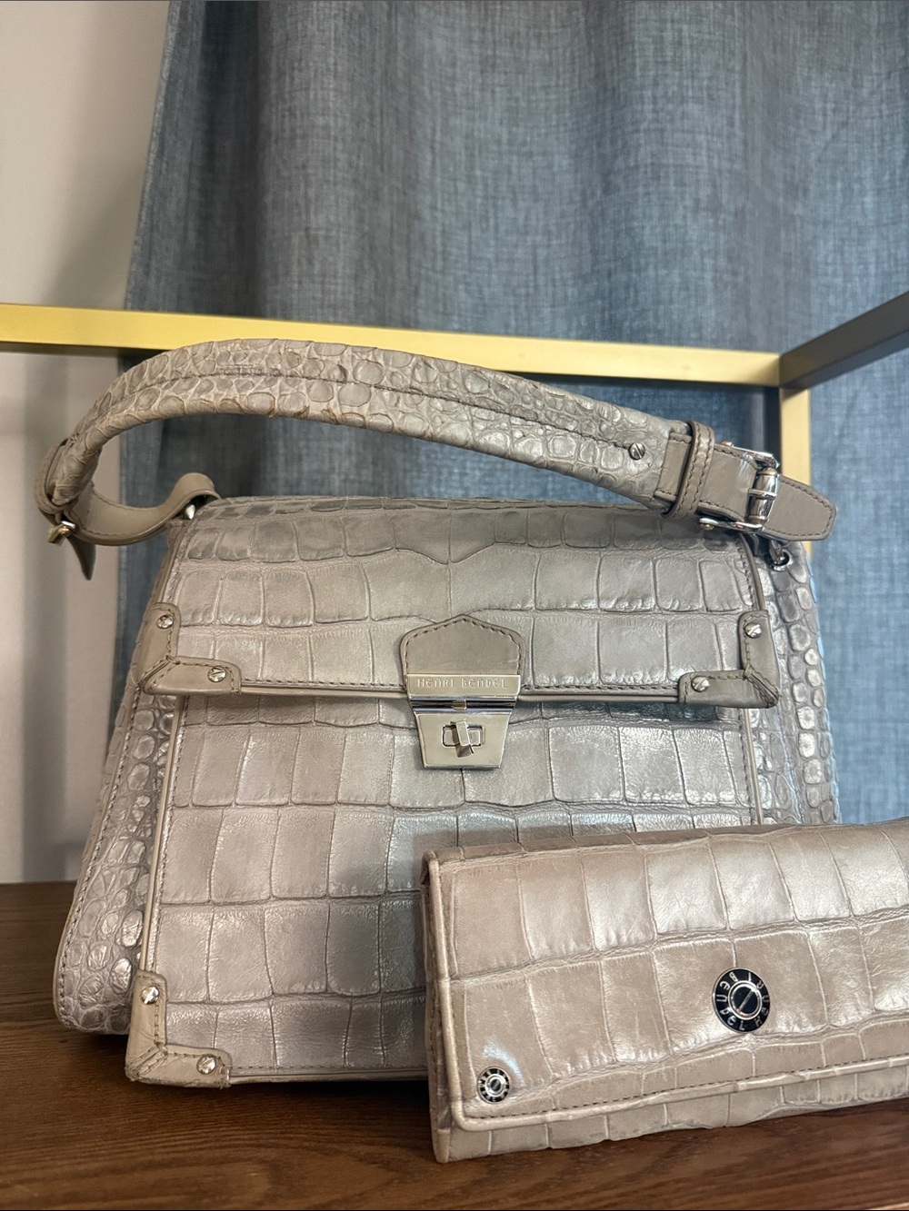 S henri bendel Croc-Embossed Taupe Satchel with Matching Wallet - GUC